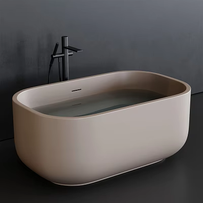 Modern Beige Freestanding Bathroom Washbasin With Black Faucet On Dark Wall And Floor 3d model