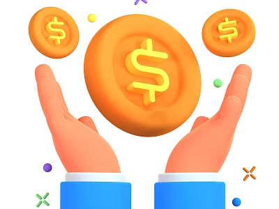 Two Hands Holding Large Dollar Coin With Small Coins And Colorful Dots 3d model