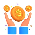 Two Hands Holding Large Dollar Coin With Small Coins And Colorful Dots
