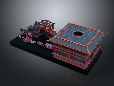Chinese Traditional Architecture Model With Classic Roof Curved Eaves And Decorative Archway 3d model