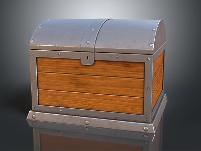 Antique Vintage Chest with Wooden Panels Metal Straps Lock and Base 3d model