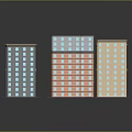 Colorful Urban Building Models With Blue Orange Beige Facades And Different Heights On Reflective Surface