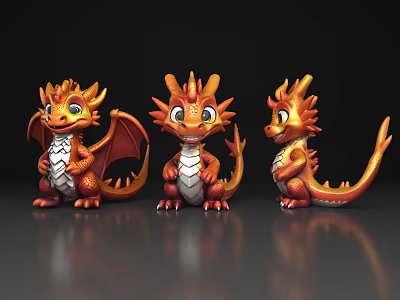 Three Cute Orange Baby Dragons Flying Animal Toys With Wings Displayed 3d model