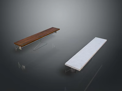 Modern Benches With Wooden And White Marble Tops And Metal Support Legs 3d model