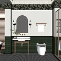 Elegant Vintage Bathroom With Green Tiles White Walls Wooden Blinds Bathtub And Shower