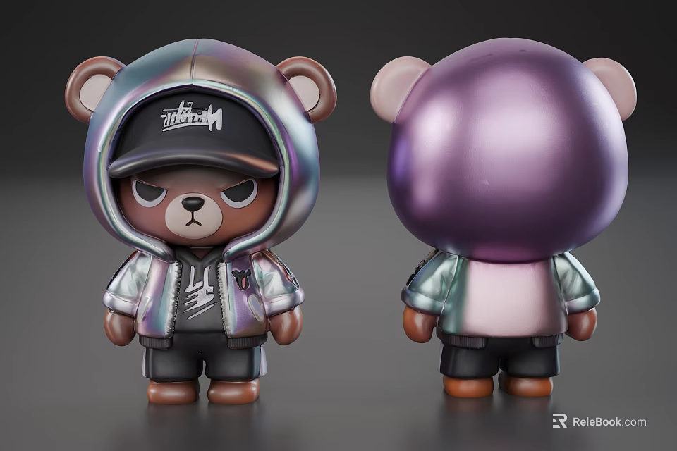 Trendy Game and Movie Bear Character With Hooded Jacket Black Cap and Purple Head 3d model 