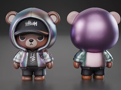Trendy Game and Movie Bear Character With Hooded Jacket Black Cap and Purple Head 3d model