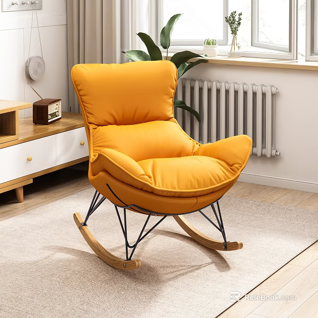 Yellow Leather Rocking Accent Chair in Modern Living Room with Green Plant and Wooden Cabinet 3d model 