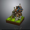 Lego Style Small House Model With Blue Roof Chimney And Staircase On Green Grass Base