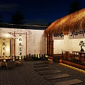 Thatched Roof Cottage Outdoor Zen Courtyard With Wooden Structure And Night Lighting