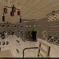 Wooden Bar Interior with Pendant Lights Bar Counter Wine Racks Wheel Decorations and Flooring