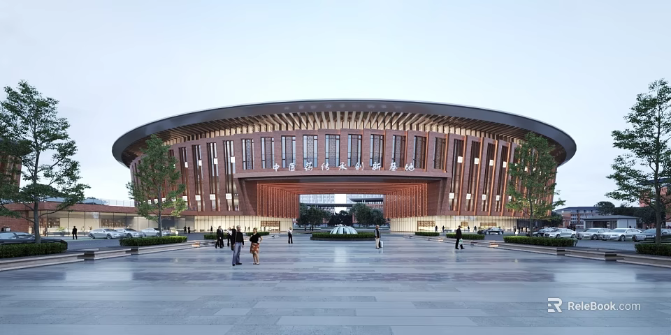 Contemporary Hospital Building With Curved Wooden Facade And Spacious Plaza Entrance 3d model 