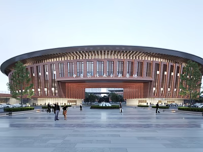 Contemporary Hospital Building With Curved Wooden Facade And Spacious Plaza Entrance 3d model