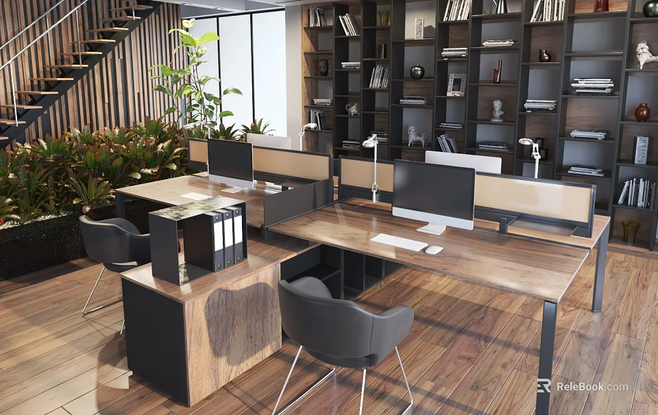 Modern Public Office Space With Open Layout Wooden Desks Computer Monitors Bookshelves And Green Plants 3d model 