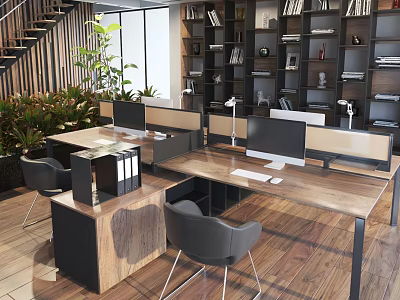 Modern Public Office Space With Open Layout Wooden Desks Computer Monitors Bookshelves And Green Plants 3d model
