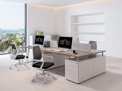 Modern Office Desk Workstation With Computer Monitors Office Chairs And Window View 3d model
