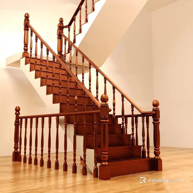 Classic Wooden Staircase With Handrail And Balusters In Indoor Design And Steps 3d model 