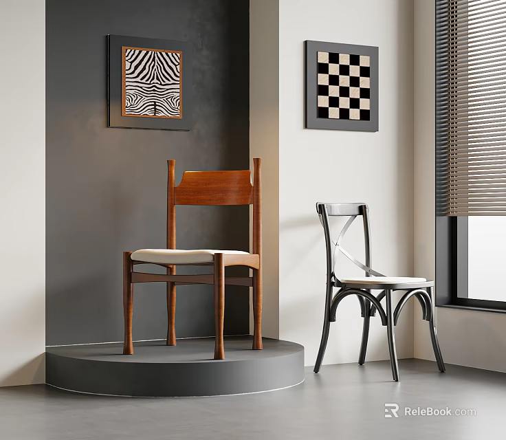 Wooden And Black Metal Leisure Chairs On Display Platform With Wall Art And Window Blinds 3d model 