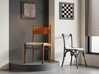 Wooden And Black Metal Leisure Chairs On Display Platform With Wall Art And Window Blinds 3d model