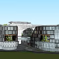 Modern Commercial Street With Curved Buildings Green Roofs And Glass Facades