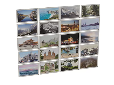 16 Various Landscape Artworks Collection With Seascape Mountain City Architecture Views In Grid Arrangement 3d model