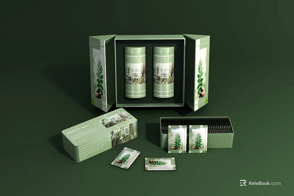 Decorative Ornament Set With Green Gift Boxes Open Packaging And Plant Patterned Tins 3d model 