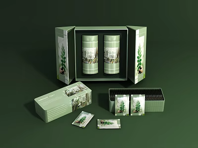 Decorative Ornament Set With Green Gift Boxes Open Packaging And Plant Patterned Tins 3d model
