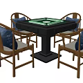 Wooden Entertainment Table with Green Tabletop and Four Blue Cushioned Chairs