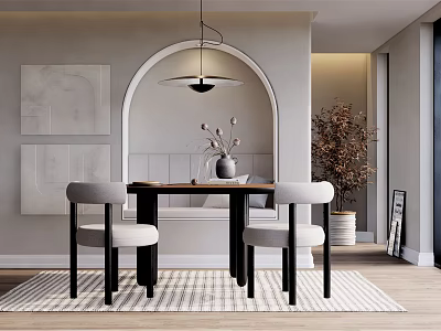 Modern Restaurant Interior With Arched Backdrop Dining Table Chairs Pendant Light And Decorative Plants 3d model