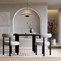 Modern Restaurant Interior With Arched Backdrop Dining Table Chairs Pendant Light And Decorative Plants
