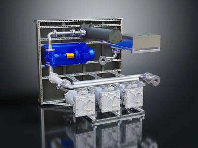 Industrial Mechanical Equipment Setup With Metal Frame Blue Motor White Pumps And Pipes 3d model