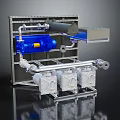 Industrial Mechanical Equipment Setup With Metal Frame Blue Motor White Pumps And Pipes
