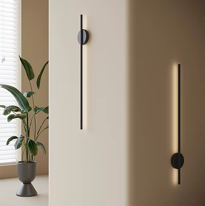 Modern Minimalist Black Long Strip Wall Sconce Design With Beige Wall And Green Plant 3d model