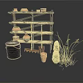 Rustic Wooden Shelf With Terracotta Pots Garden Tools And Green Plants
