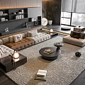 Modern Sectional Sofa And Coffee Table Set With Area Rug And Bookshelf In Living Room
