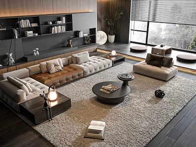 Modern Sectional Sofa And Coffee Table Set With Area Rug And Bookshelf In Living Room 3d model
