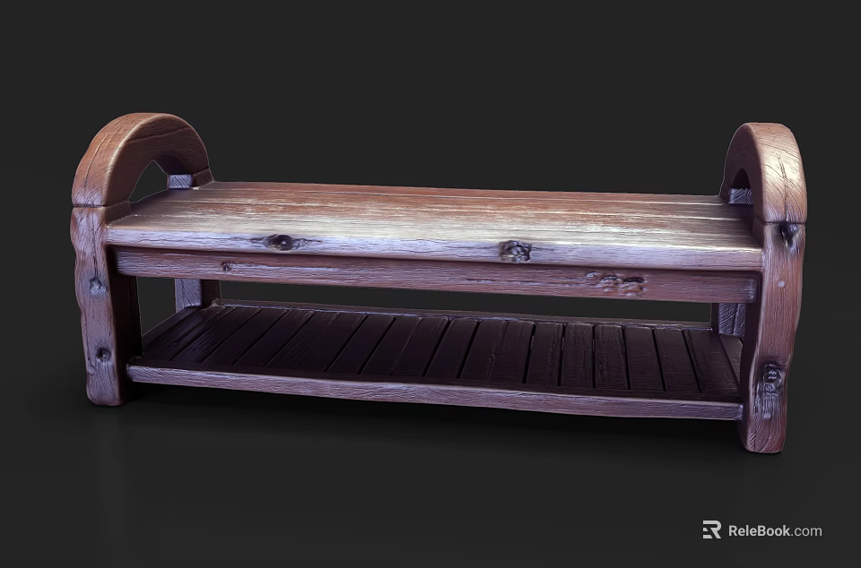 Rustic Wooden Storage Shelf With Two Tier Design And Natural Solid Wood Finish 3d model 