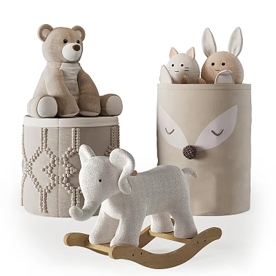 Adorable Stuffed Animals Elephant Rocking Horse And Decorative Storage Bins For Kids Room 3d model
