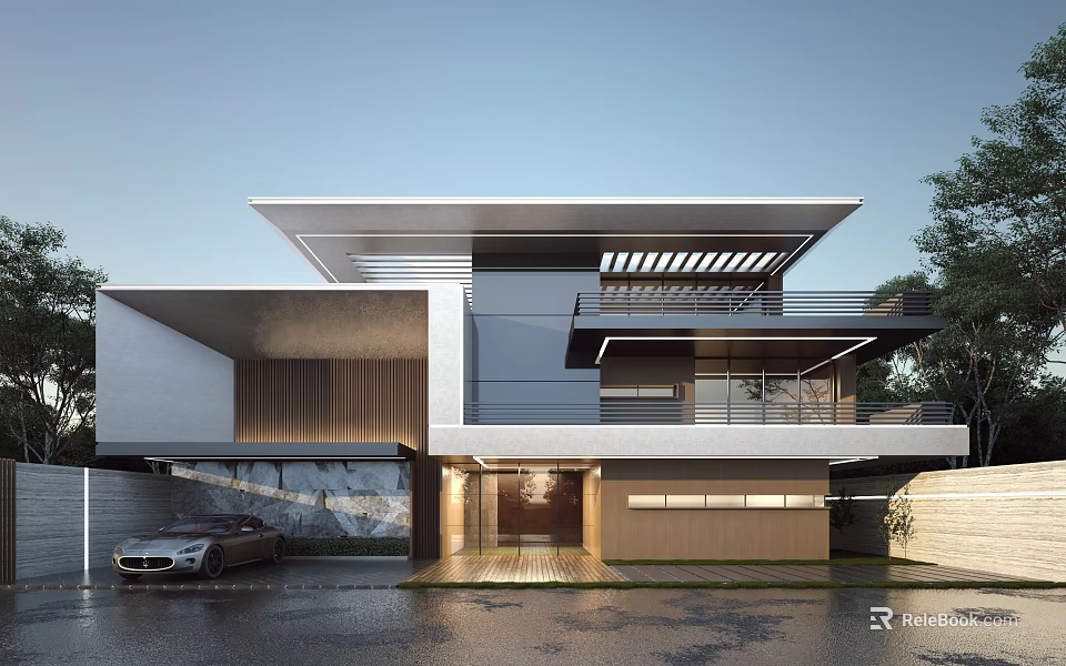 Modern Detached Villa Exterior Design With Balcony Garage Luxury Car And Trees 3d model 