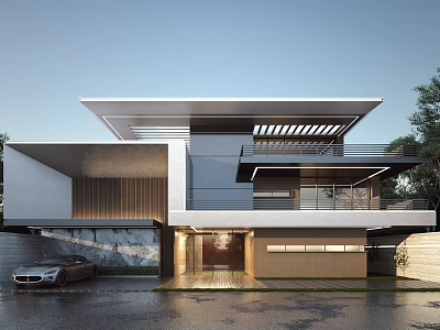 Modern Detached Villa Exterior Design With Balcony Garage Luxury Car And Trees 3d model