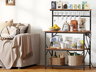 Stylish Living Room Shelving Unit With Food Boxes Hanging Mugs Lemons Coffee Machine And Baskets 3d model