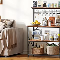 Stylish Living Room Shelving Unit With Food Boxes Hanging Mugs Lemons Coffee Machine And Baskets