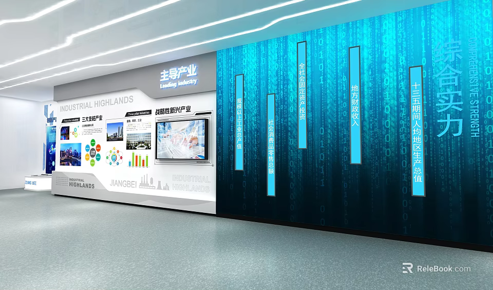 Main Industry Exhibition Area With Digital Screen Data Charts And Information Graphics 3d model 