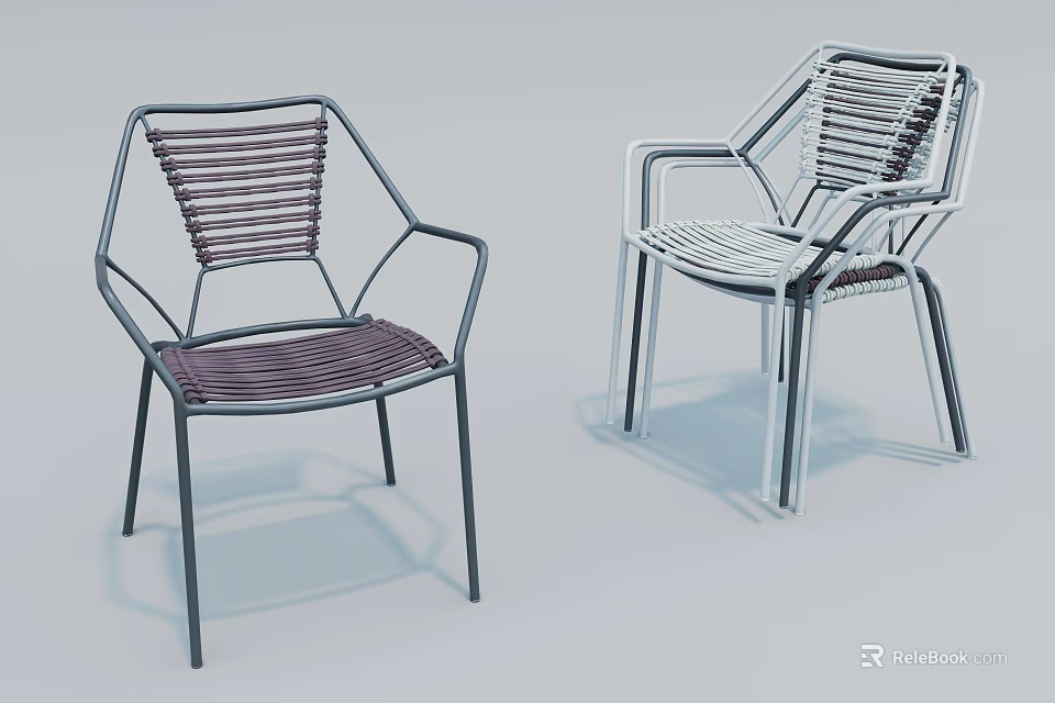 Two Modern Lounge Chairs with Geometric Metal Frame and Woven Seat Backrest 3d model 