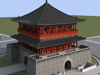Ancient Chinese Architecture Two Story Structure Black Roof Red Pillars Gray City Wall Arched Gate 3d model