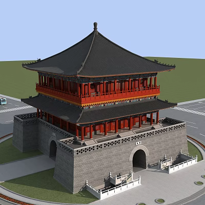 Ancient Chinese Architecture Two Story Structure Black Roof Red Pillars Gray City Wall Arched Gate 3d model