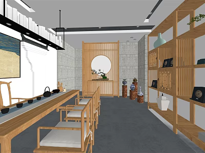 Traditional Chinese Specialty Store Interior With Wooden Display Shelves Tea Sets And Decorative Elements 3d model
