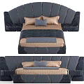 Elegant Striped Double Bed With Gold Accents Navy Blue Beige Bedding And Decorative Pillows