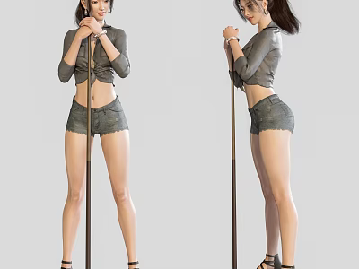 Woman in Gray Top and Denim Shorts Posing with Pole in Modern Style 3d model