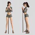 Woman in Gray Top and Denim Shorts Posing with Pole in Modern Style